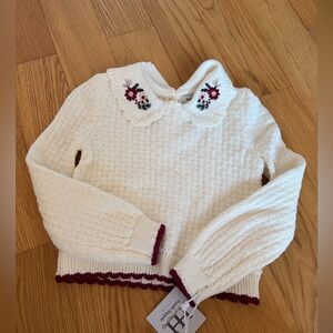 Haute Hippie Cream Knit Sweater with Embroidered Floral Collar